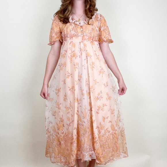 Vintage Other - Vintage 50s 60s Nightgown Slip Dress Set Puff Sleeve Ruffle Tiered Floral MCM